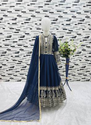 Navy blue heavy fox georgette gown set with embroidery sequence work - designer party wear 4