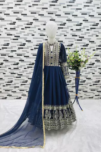Navy blue heavy fox georgette gown set with embroidery sequence work - designer party wear