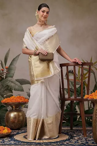 Off white printed silk blend ethnic saree with blouse piece