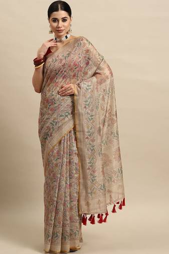Beige printed cotton blend ethnic saree with blouse piece