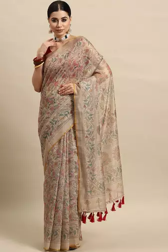 Beige printed cotton blend ethnic saree with blouse piece