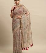 Beige printed cotton blend ethnic saree with blouse piece