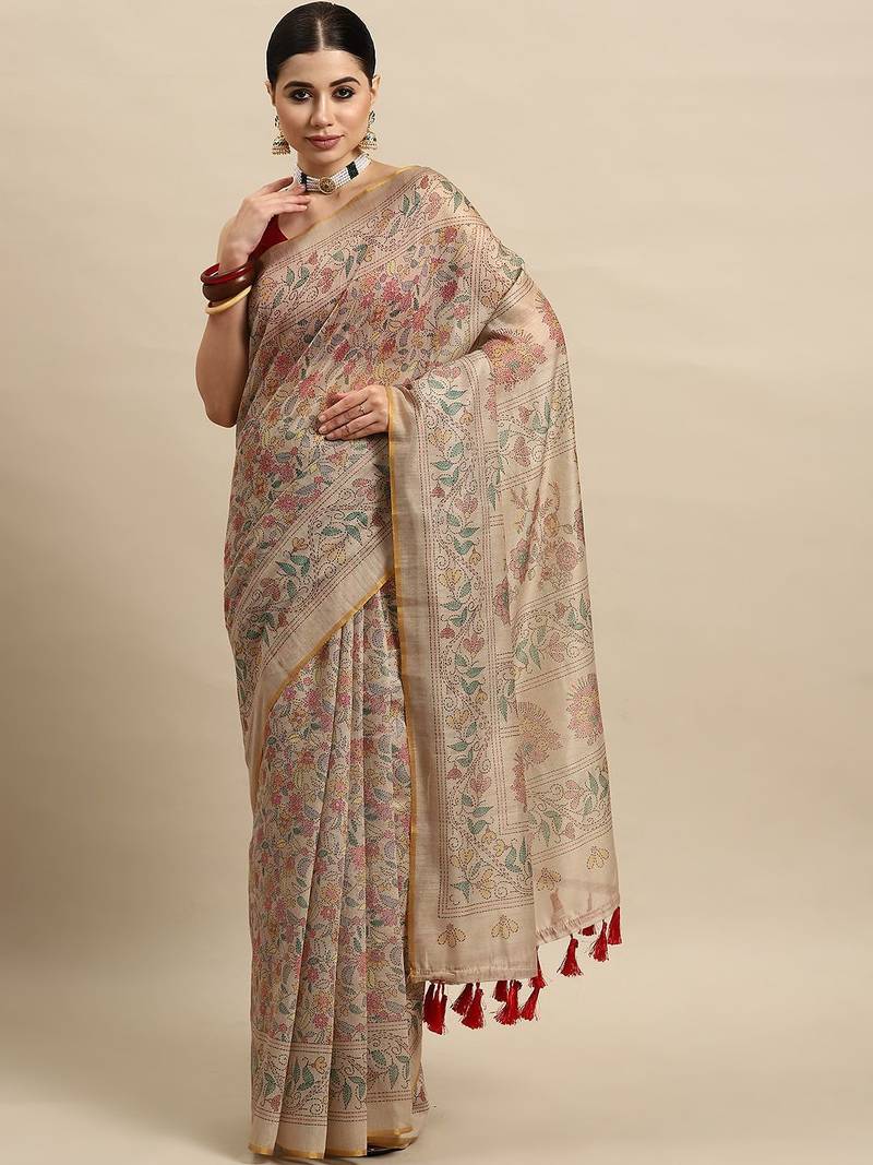 Beige printed cotton blend ethnic saree with blouse piece