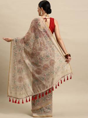 Beige printed cotton blend ethnic saree with blouse piece 2
