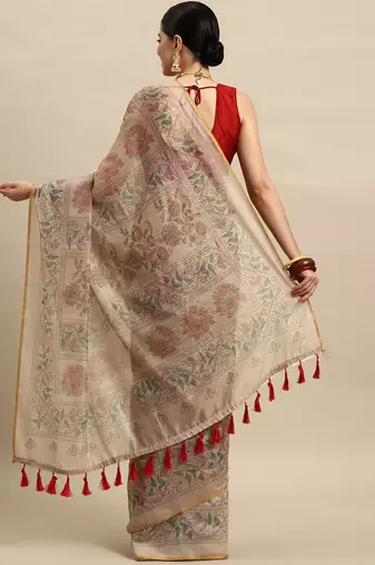 Beige printed cotton blend ethnic saree with blouse piece
