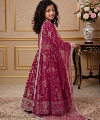 dark pink heavy fox georgette gown set with embroidery sequence work - designer party wear 3