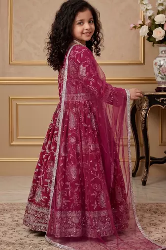 dark pink heavy fox georgette gown set with embroidery sequence work - designer party wear