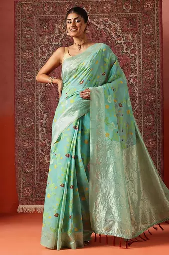 Blue printed cotton blend ethnic saree with blouse piece
