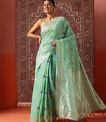 Blue printed cotton blend ethnic saree with blouse piece
