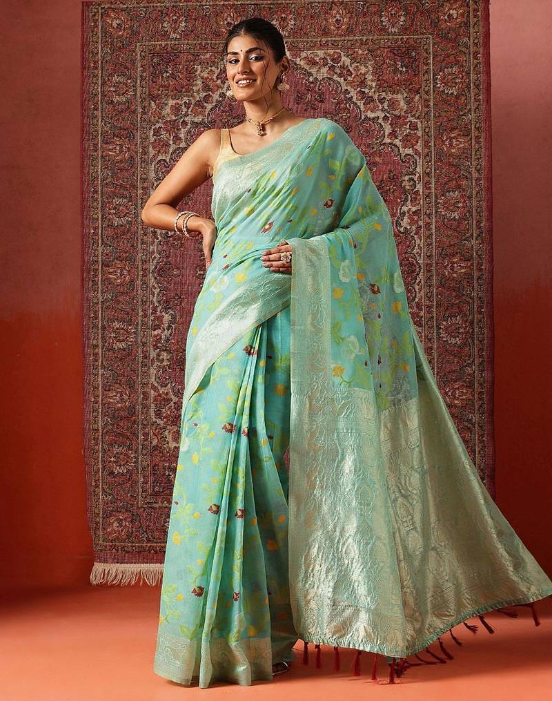 Blue printed cotton blend ethnic saree with blouse piece