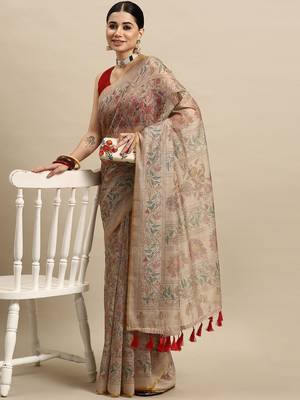 Beige printed cotton blend ethnic saree with blouse piece 3