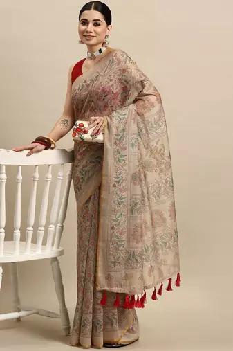 Beige printed cotton blend ethnic saree with blouse piece