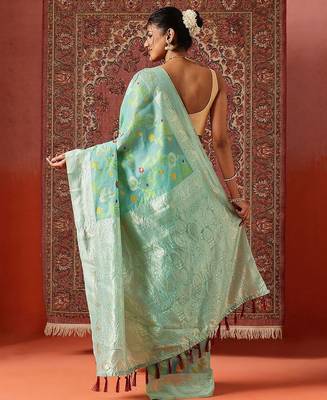 Blue printed cotton blend ethnic saree with blouse piece 2