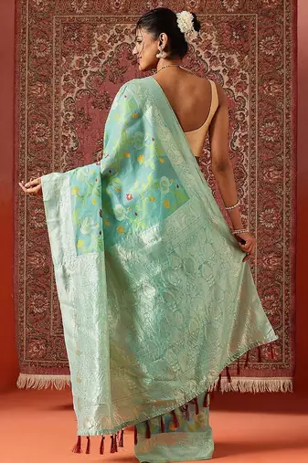 Blue printed cotton blend ethnic saree with blouse piece