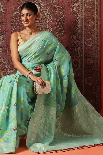 Blue printed cotton blend ethnic saree with blouse piece