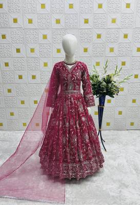 dark pink heavy fox georgette gown set with embroidery sequence work - designer party wear 4