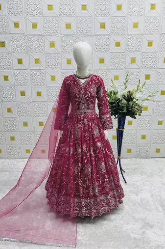 dark pink heavy fox georgette gown set with embroidery sequence work - designer party wear