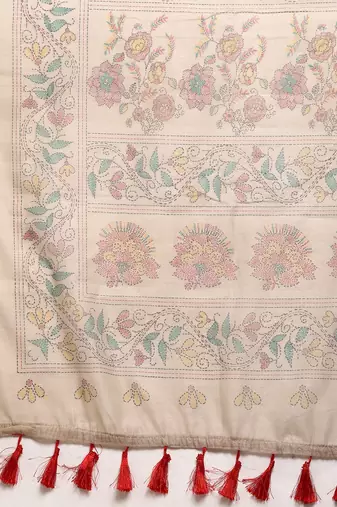 Beige printed cotton blend ethnic saree with blouse piece