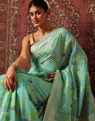 Blue printed cotton blend ethnic saree with blouse piece 4