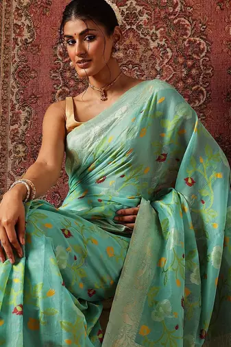 Blue printed cotton blend ethnic saree with blouse piece