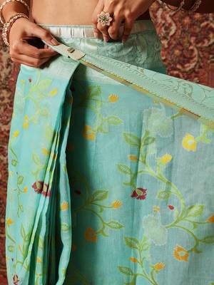 Blue printed cotton blend ethnic saree with blouse piece 5