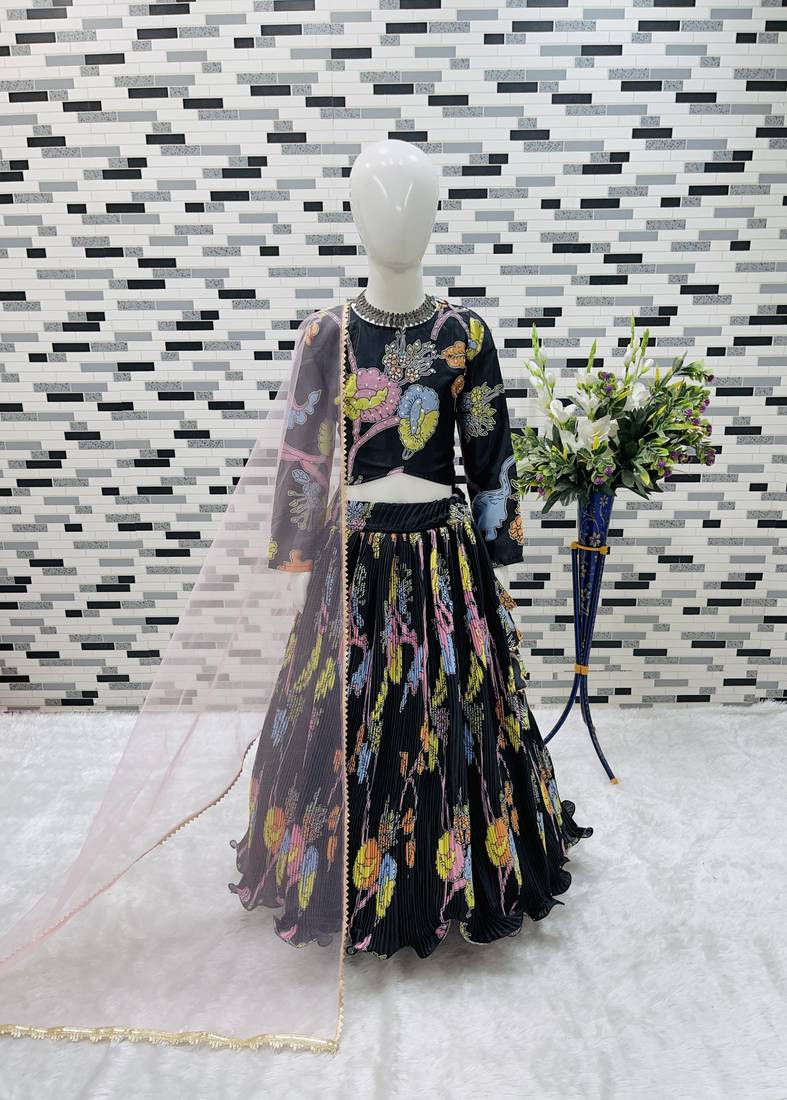 black heavy chinon silk with digital print work with diamond work - designer party wear