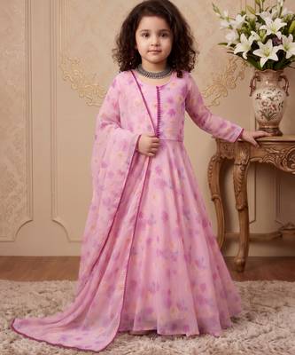pink heavy fox georgette gown set with soft printed work with lace - designer party wear 3