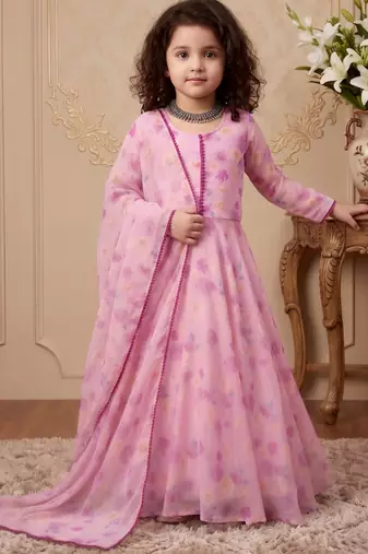 pink heavy fox georgette gown set with soft printed work with lace - designer party wear