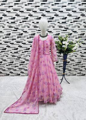 pink heavy fox georgette gown set with soft printed work with lace - designer party wear 4