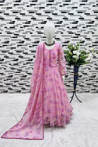 pink heavy fox georgette gown set with soft printed work with lace - designer party wear