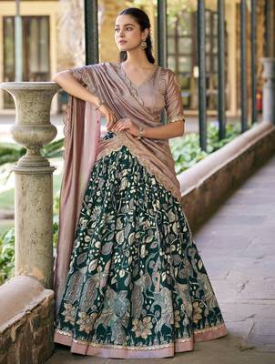 Magnetic Green Kalamkari Print Silk Traditional Half Saree Lehenga 1