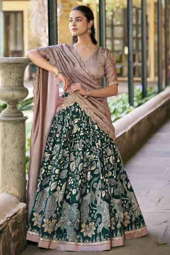 Magnetic Green Kalamkari Print Silk Traditional Half Saree Lehenga
