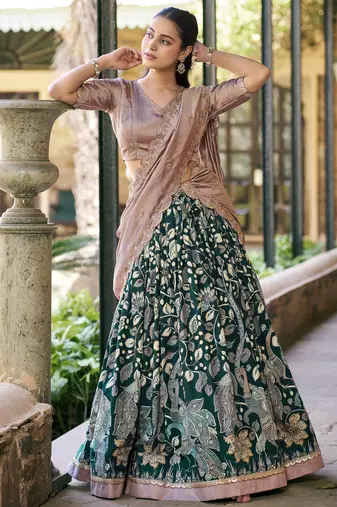Magnetic Green Kalamkari Print Silk Traditional Half Saree Lehenga
