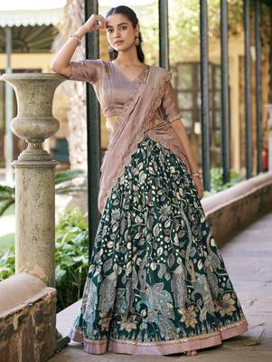 Magnetic Green Kalamkari Print Silk Traditional Half Saree Lehenga 3