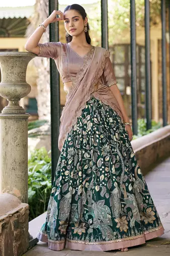 Magnetic Green Kalamkari Print Silk Traditional Half Saree Lehenga