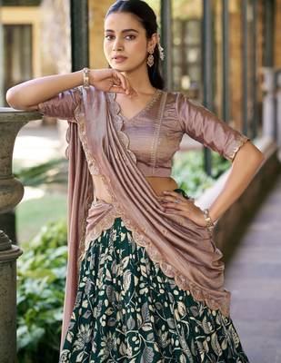 Magnetic Green Kalamkari Print Silk Traditional Half Saree Lehenga 4