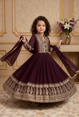 wine heavy fox georgette gown set with embroidery sequence work with fancy button with latkan dori - designer party wear 3