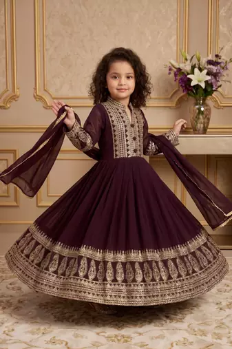 wine heavy fox georgette gown set with embroidery sequence work with fancy button with latkan dori - designer party wear