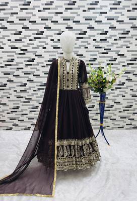 wine heavy fox georgette gown set with embroidery sequence work with fancy button with latkan dori - designer party wear 4