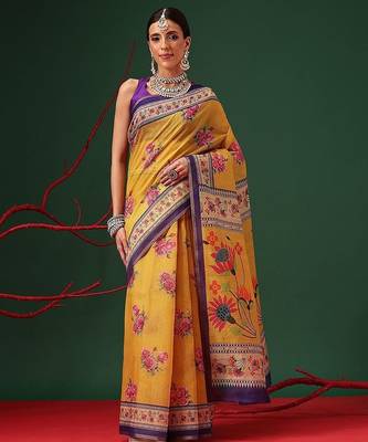Yellow printed cotton blend ethnic saree with blouse piece 1