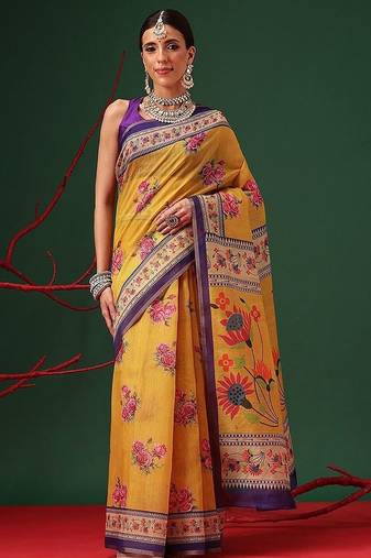 Yellow printed cotton blend ethnic saree with blouse piece