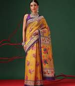 Yellow printed cotton blend ethnic saree with blouse piece