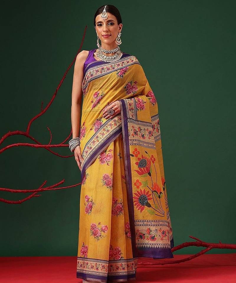 Yellow printed cotton blend ethnic saree with blouse piece