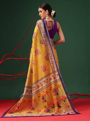 Yellow printed cotton blend ethnic saree with blouse piece 2