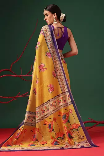 Yellow printed cotton blend ethnic saree with blouse piece
