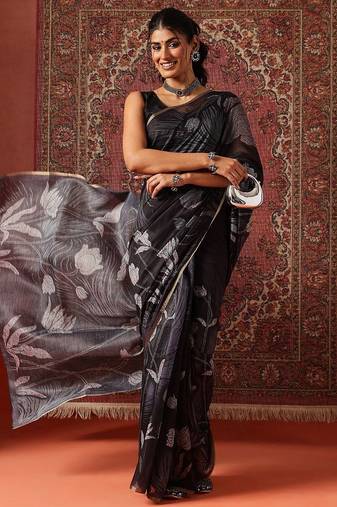 Black printed cotton blend ethnic saree with blouse piece