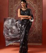 Black printed cotton blend ethnic saree with blouse piece