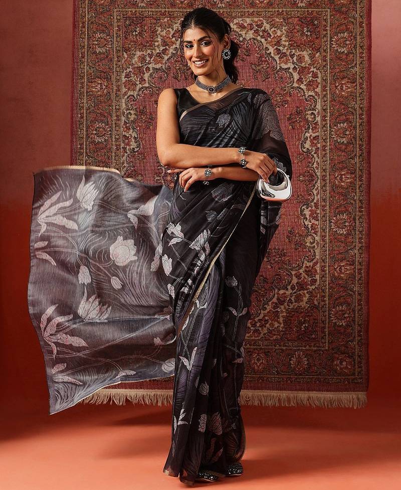 Black printed cotton blend ethnic saree with blouse piece