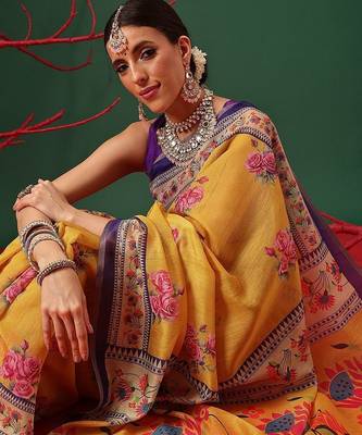 Yellow printed cotton blend ethnic saree with blouse piece 3
