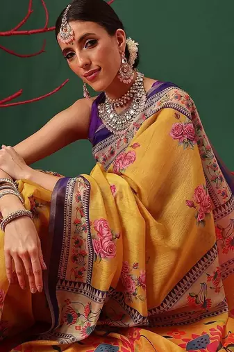 Yellow printed cotton blend ethnic saree with blouse piece